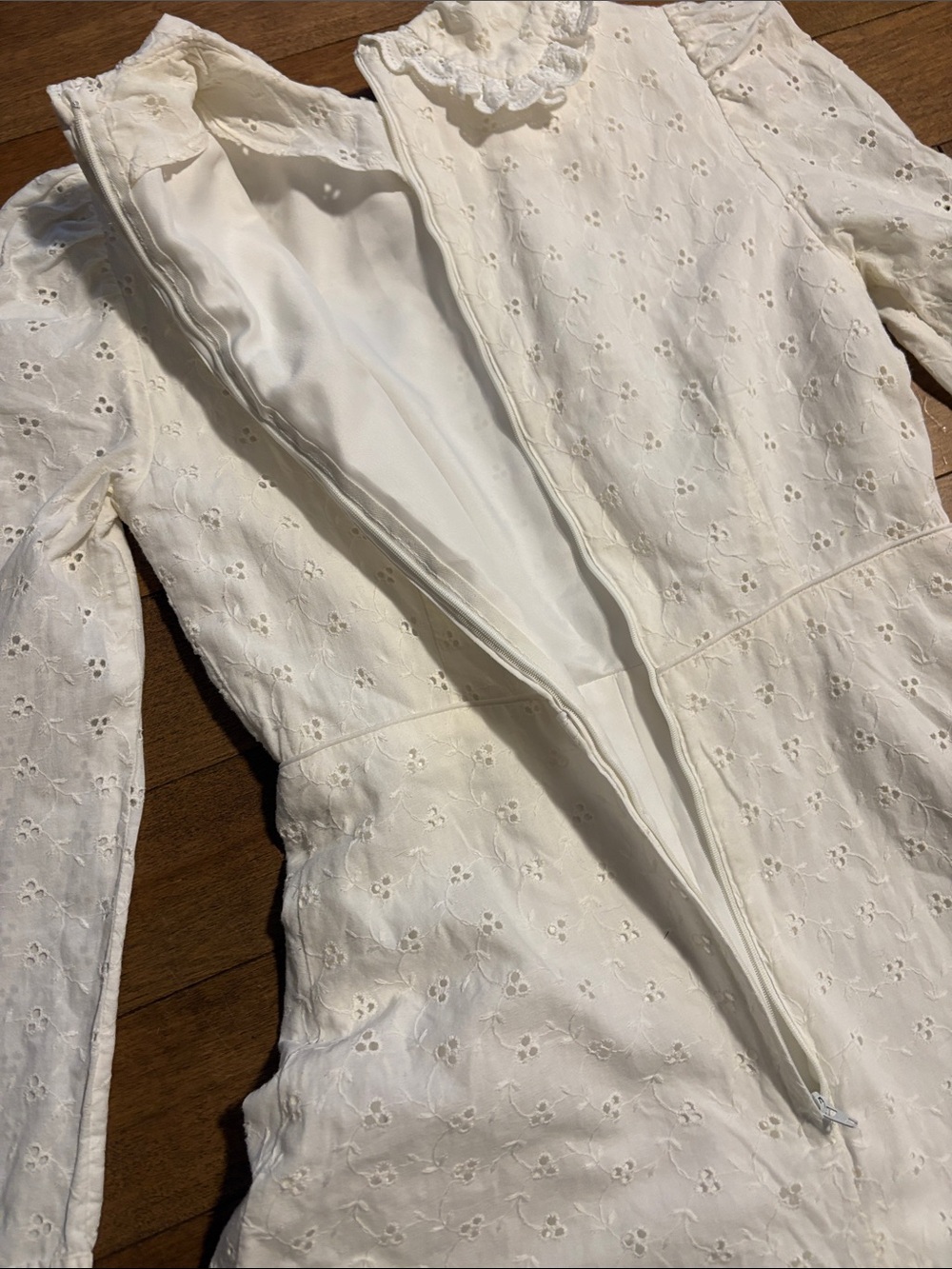 Vintage White Eyelet Maxi Dress with Red Floral Buttons and Ruffle Collar - Picture 11 of 13